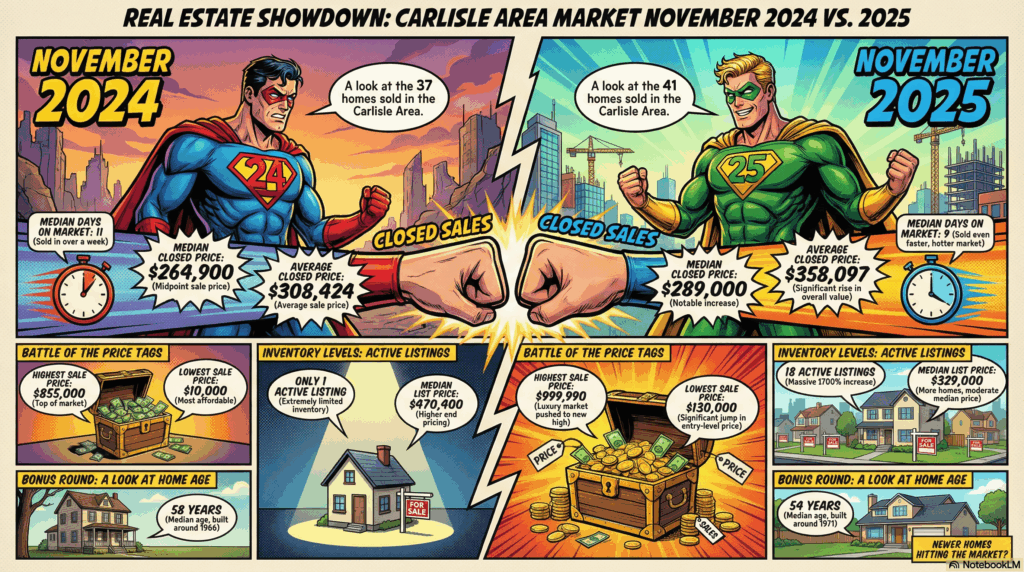 Infographic for November 2025 Carlisle, PA Real Estate Market Statistics and Home Sales - Awesome Carlisle! - Carlisle News - Carlisle, PA News