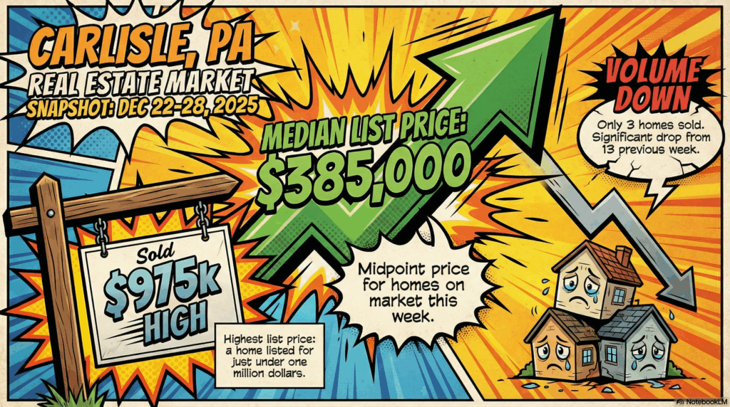 Section image for Carlisle Area Real Estate Market Stats - Image is of A horizontal 16:9 infographic designed like a comic book power meter. A large, green arrow pointing sharply UP labeled "Median Price: 385,000."Nexttoit,asmall,sad−lookingstackofonly3houseslabeled"VolumeDown."A"Sold"signintheforegrounddisplays"975k High." Bold, blocky fonts and cel-shaded graphics. - Awesome Carlisle! - Carlisle News - Carlisle, PA News