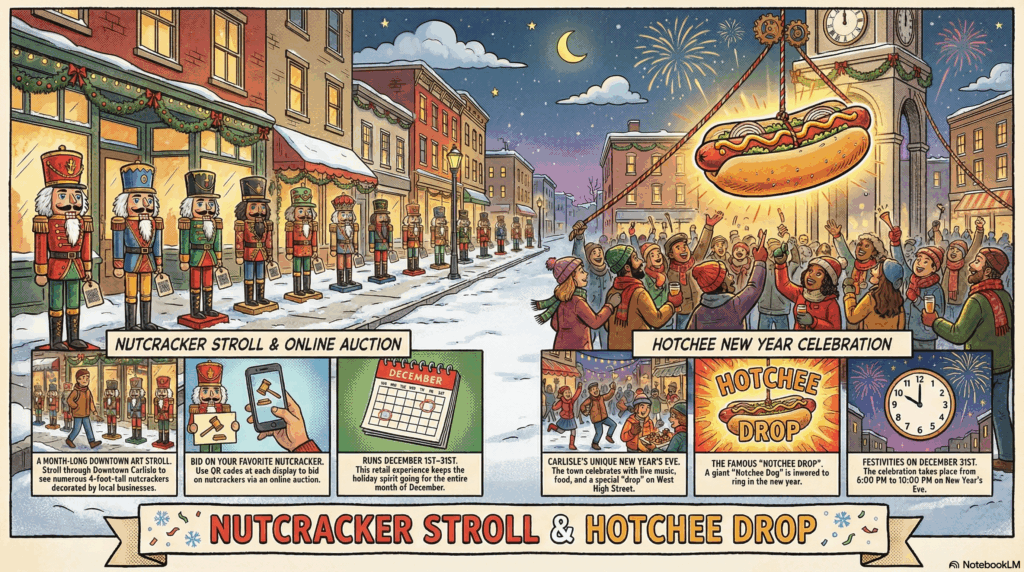 Section image for Holiday Happenings: Wrapping Up December - Image is of A horizontal 16:9 whimsical comic style illustration. A downtown street scene covered in snow. A row of colorful, decorated wooden Nutcrackers stands along the sidewalk. In the sky, a giant, glowing "Hotchee Dog" (hot dog) is being lowered like a New Year's Eve ball. Residents in winter gear are cheering below. Text banner at the bottom: "Nutcracker Stroll & Hotchee Drop." - Awesome Carlisle! - Carlisle News - Carlisle, PA News