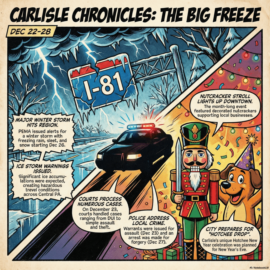 Blog Article Image for Last Week in Carlisle - December 22-28, 2025 - Ice Storms, Legal Drama, and Holiday Cheers - image is of A square 1:1 comic book cover style illustration titled "Carlisle Chronicles: The Big Freeze." The composition is split diagonally. The top left features a menacing, jagged ice storm with blue and white lightning striking a highway sign that reads "I-81." The bottom right features a festive, colorful nutcracker standing guard next to a "Hotchee Dog" wearing a New Year's party hat. In the center, a silhouette of a police car with lights flashing. Bold, black outlines, dynamic shading, and vibrant colors (icy blues, festive reds, and police blues). Text overlay: "Dec 22-28" - Awesome Carlisle! - Carlisle News - Carlisle, PA News