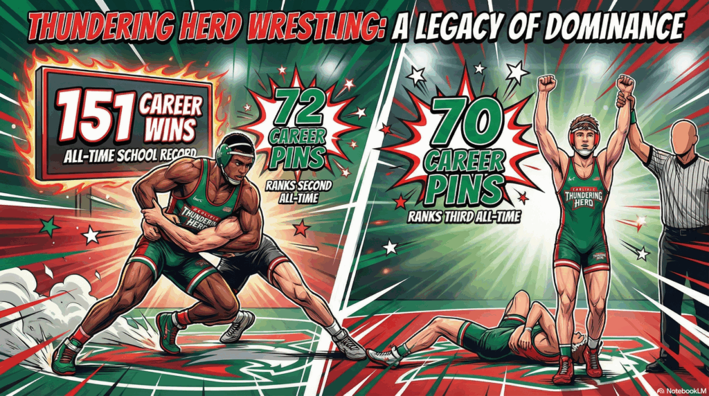 Section image for Thundering Herd and Red Devils: Sports Success - Image is of A horizontal 16:9 dynamic action shot. Split screen effect. On the left, a "Red Devil" basketball player mid-dunk with a scoreboard glowing "200th Win." On the right, a "Thundering Herd" wrestler having their arm raised in victory with text floating in the air: "70 Pins" and "50 Wins." Speed lines, impact stars, and energetic colors (Red, White, and Green). - Awesome Carlisle! - Carlisle News - Carlisle, PA News
