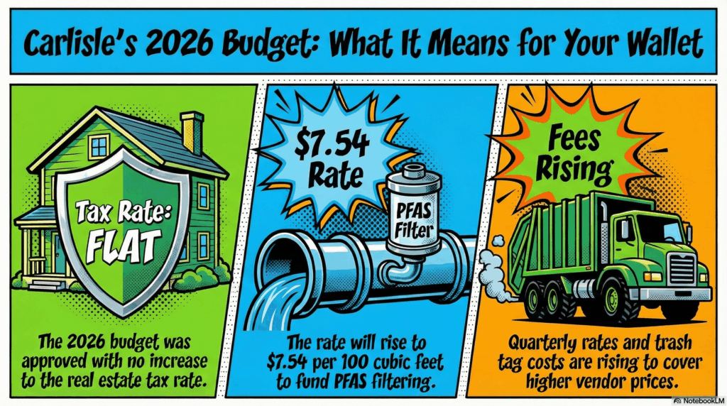 Section image for Your Wallet: Taxes and Utility News - Image is of A horizontal 16:9 explainer graphic in a bold pop-art style. Three distinct panels. Panel 1: A house with a shield protecting it, labeled "Tax Rate: FLAT." Panel 2: A water pipe labeled "PFAS Filter" with an arrow pointing UP and text "$7.54 Rate." Panel 3: A trash truck with an arrow pointing UP and text "Fees Rising." Bright greens, blues, and bold black text bubbles. - Awesome Carlisle! - Carlisle News - Carlisle, PA News