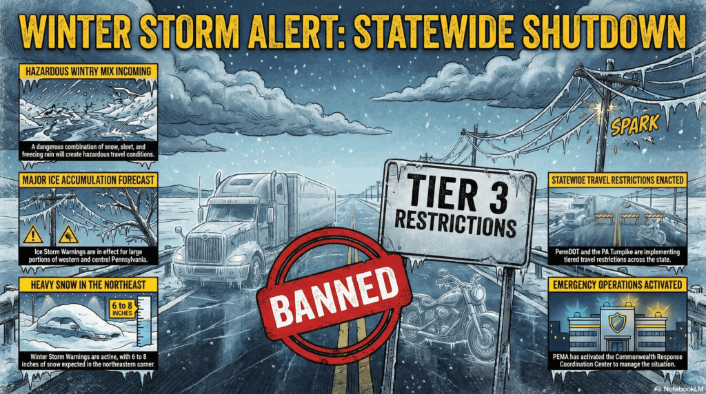 Section Image for The Big Freeze: Ice Storm Hits Cumberland County of A horizontal 16:9 infographic in a gritty graphic novel style. A dramatic view of an icy highway. In the foreground, a large, red "BANNED" stamp is superimposed over a ghosted image of an empty tractor-trailer and a motorcycle. A road sign reads "Tier 3 Restrictions." Background shows power lines sagging under heavy ice with "spark" sound effect text. Color palette: Cold blues, greys, and warning yellow - Awesome Carlisle! - Carlisle News - Carlisle, PA News
