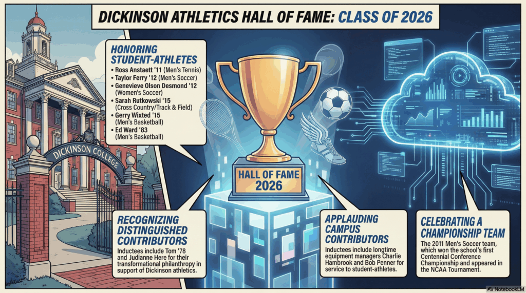 Section Image for Dickinson College Updates: New Tech and Hall of Fame Class of A futuristic, tech-meets-tradition comic panel. On one side, a classic collegiate brick building (Dickinson College style). On the other side, a digital cloud interface glows with the word "WORKDAY" and data streams. In the center, a golden trophy cup sits on a pedestal labeled "Hall of Fame 2026," surrounded by ghosted images of a tennis racket, soccer ball, and track shoes. Red, white, and digital blue colors. - Awesome Carlisle! - Carlisle News - Carlisle, PA News