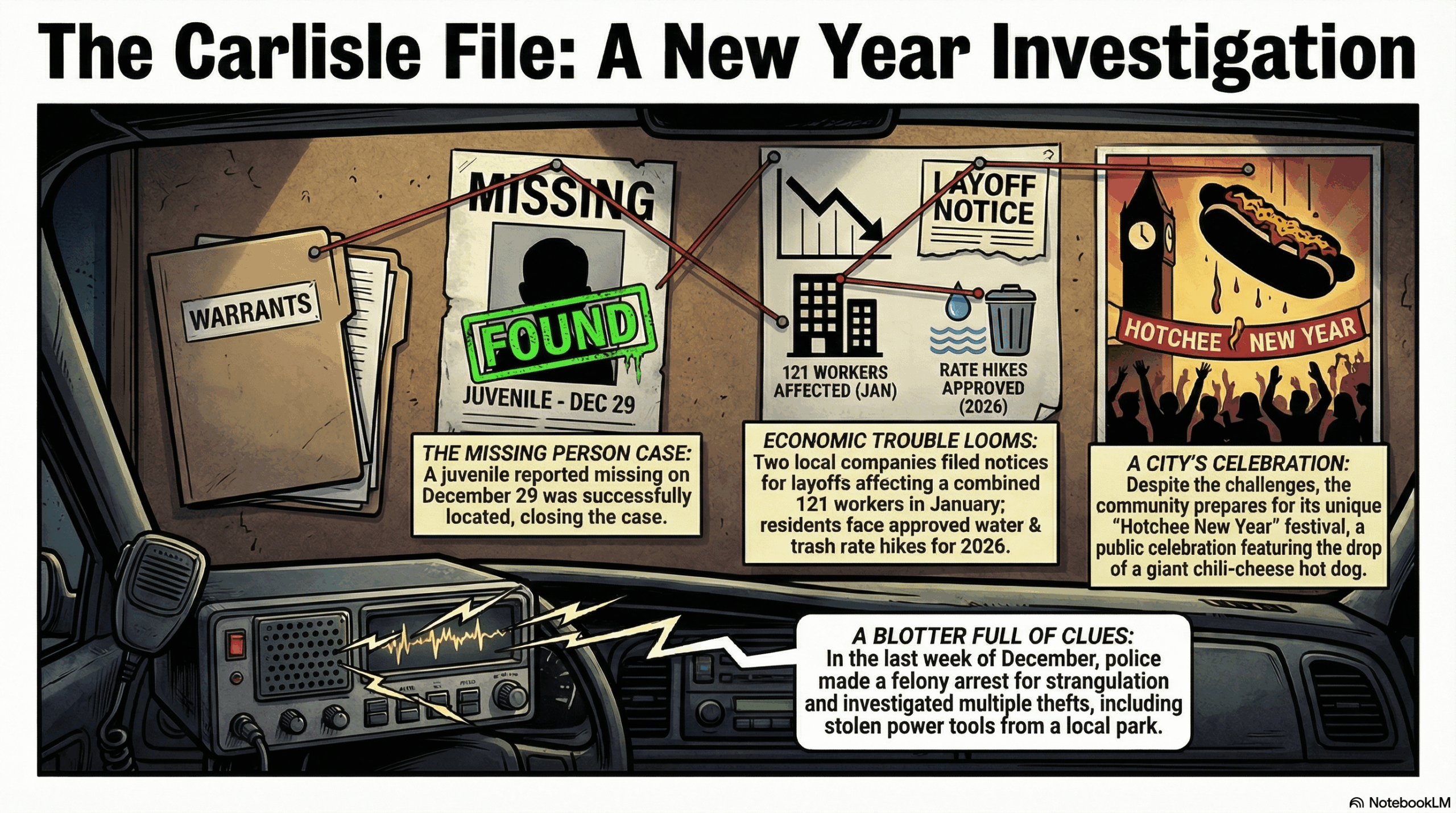 Section Image for Police Blotter: Missing Persons and Major Arrest Warrants of A noir-style detective comic panel set at night. In the foreground, a police radio sits on a dashboard with sound waves emanating from it. In the background, a corkboard connects red strings between photos, with a file folder labeled "WARRANTS" and a "MISSING" poster stamped with a bright green "FOUND" ink stamp. High contrast shadows, moody lighting, bold outlines. - Awesome Carlisle! - Carlisle News - Carlisle, PA News