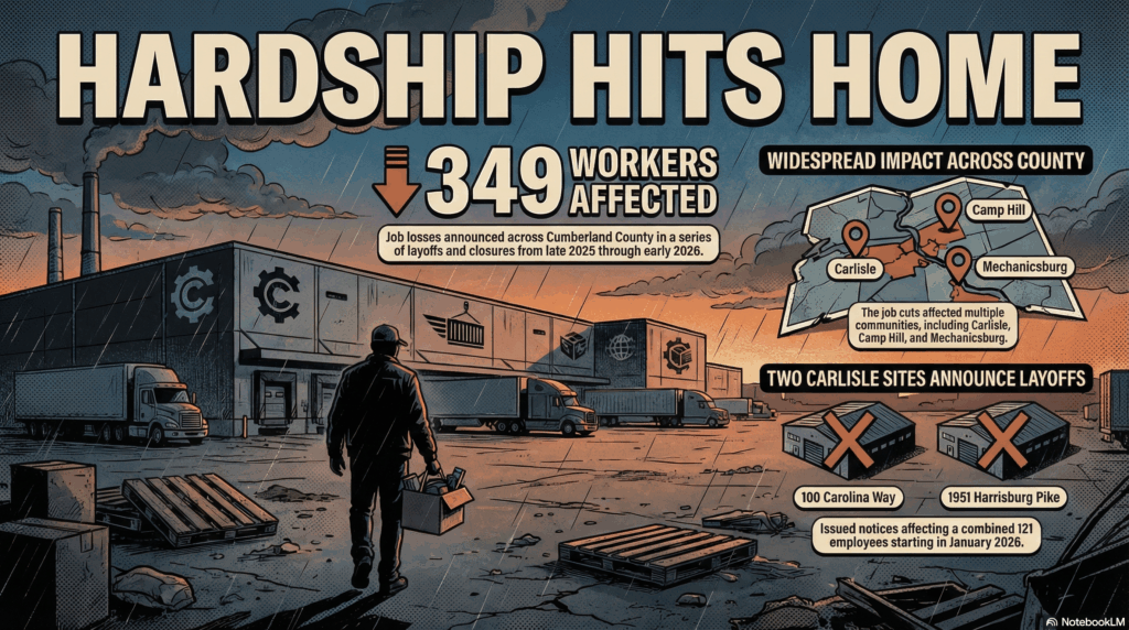 Section Image for Job Market Shakeup: Logistics Companies Announce Layoffs of A dramatic, emotional graphic novel scene. A large, modern logistics warehouse looms in the background with semi-trucks parked at the docks. In the foreground, the silhouette of a worker walks away holding a box of personal belongings. Textures of grit and industry. The sky is a somber twilight blue and orange. Symbols of shipping and logistics integrated into the scene. - Awesome Carlisle! - Carlisle News - Carlisle, PA News