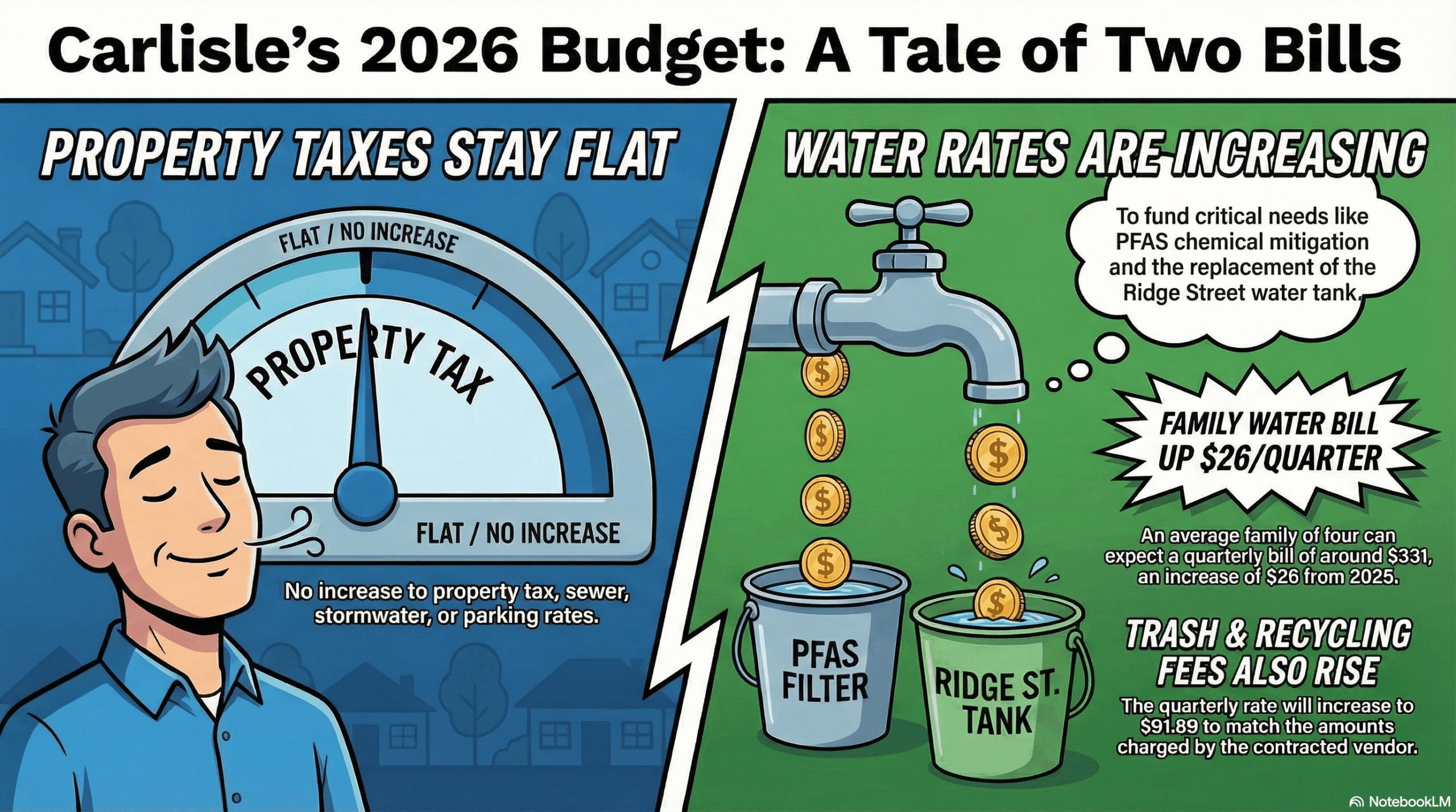 Section Image for Increasing Costs for 2026: Taxes Stay Flat, But Water Costs Rise of A split-screen comic book panel. On the left, a homeowner looks relieved as a "Property Tax" meter stays flat. On the right, a water faucet is dripping golden coins into a bucket labeled "PFAS Filter" and "Ridge St. Tank," symbolizing rising costs. In the background, a blueprint of a water tower. Graphic novel style, cel-shaded, bold blue and green color palette. - Awesome Carlisle! - Carlisle News - Carlisle, PA News