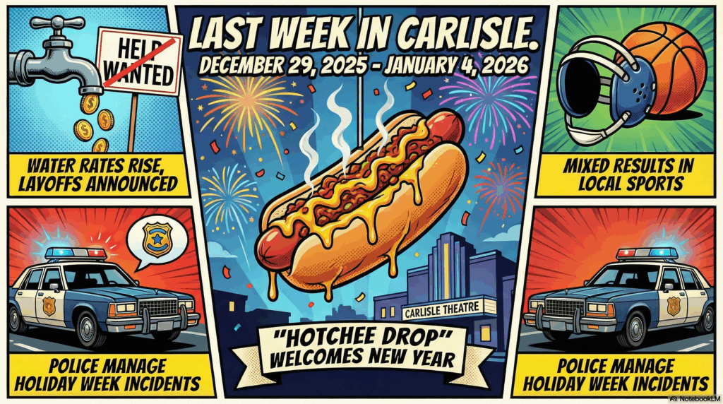 Main article image for Last Week in Carlisle | December 29, 2025 through January 4, 2026 | Hotchee Dogs, Higher Water Bills, and Local Layoffs of A dynamic, colorful comic book cover style illustration for a YouTube thumbnail titled "Last Week in Carlisle." The composition is a collage of the week's biggest news. Center stage is a giant, stylized chili-cheese hot dog dropping like a New Year's Eve ball amidst fireworks and confetti. Surrounding this are bold vignettes: a water faucet dripping gold coins (symbolizing the water rate hike), a "Help Wanted" sign with a red slash (symbolizing layoffs), a wrestling headgear and basketball, and a police car with flashing lights. The background features the silhouette of the Carlisle Theatre. Bold black ink outlines, vibrant flat colors, Ben Day dots, and dramatic lighting. Superimposed in large, bold, comic-book style lettering at the top or center: "Last Week in Carlisle. December 29, 2025 - January 4, 2026." - Awesome Carlisle! - Carlisle News - Carlisle, PA News