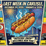 Main article image for Last Week in Carlisle | December 29, 2025 through January 4, 2026 | Hotchee Dogs, Higher Water Bills, and Local Layoffs of A dynamic, colorful comic book cover style illustration for a YouTube thumbnail titled "Last Week in Carlisle." The composition is a collage of the week's biggest news. Center stage is a giant, stylized chili-cheese hot dog dropping like a New Year's Eve ball amidst fireworks and confetti. Surrounding this are bold vignettes: a water faucet dripping gold coins (symbolizing the water rate hike), a "Help Wanted" sign with a red slash (symbolizing layoffs), a wrestling headgear and basketball, and a police car with flashing lights. The background features the silhouette of the Carlisle Theatre. Bold black ink outlines, vibrant flat colors, Ben Day dots, and dramatic lighting. Superimposed in large, bold, comic-book style lettering at the top or center: "Last Week in Carlisle. December 29, 2025 - January 4, 2026." - Awesome Carlisle! - Carlisle News - Carlisle, PA News