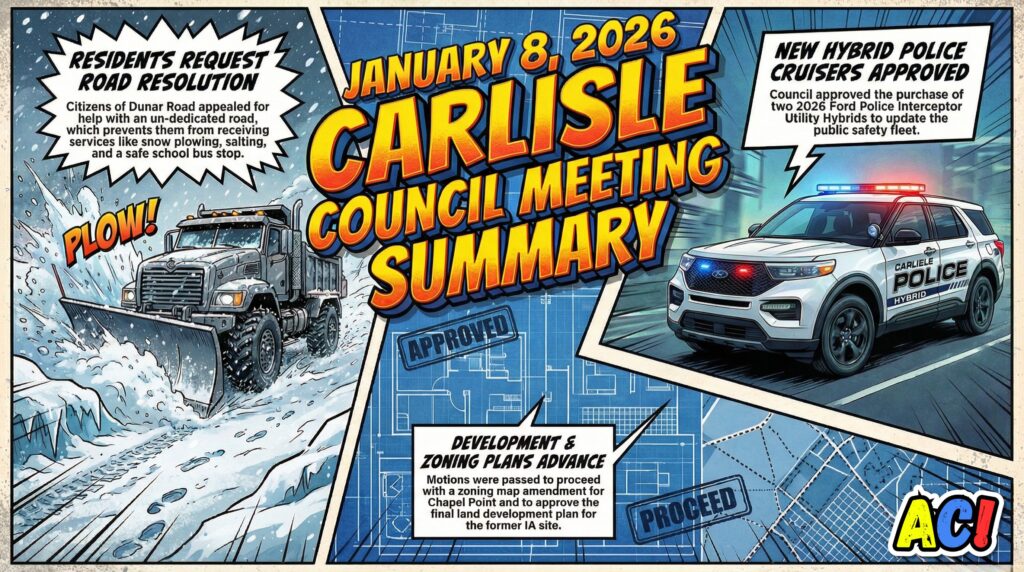 main blog article thumbnail image for January 8, 2026 Carlisle Borough Council Meeting Summary | Road Woes, New Police Tech, and Zoning Updates - image is of A high-energy, comic book style YouTube thumbnail illustration. The composition features a dynamic collage of the meeting's key updates. On the left, a gritty, snowy street scene showing a snow plow clearing a road. On the right, a sleek, modern white Ford Police Interceptor Hybrid SUV with flashing lights and green electric sparks. In the background, stylized blueprints and a zoning map of a town. The art style uses bold ink outlines, vibrant saturated colors, and dramatic shading. Superimposed over the center of the image in a massive, bold, 3D comic-book font is the text: "January 8, 2026 Carlisle Council Meeting Summary". - Awesome Carlisle! - Carlisle News - Carlisle, PA News