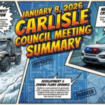 main blog article thumbnail image for January 8, 2026 Carlisle Borough Council Meeting Summary | Road Woes, New Police Tech, and Zoning Updates - image is of A high-energy, comic book style YouTube thumbnail illustration. The composition features a dynamic collage of the meeting's key updates. On the left, a gritty, snowy street scene showing a snow plow clearing a road. On the right, a sleek, modern white Ford Police Interceptor Hybrid SUV with flashing lights and green electric sparks. In the background, stylized blueprints and a zoning map of a town. The art style uses bold ink outlines, vibrant saturated colors, and dramatic shading. Superimposed over the center of the image in a massive, bold, 3D comic-book font is the text: "January 8, 2026 Carlisle Council Meeting Summary". - Awesome Carlisle! - Carlisle News - Carlisle, PA News
