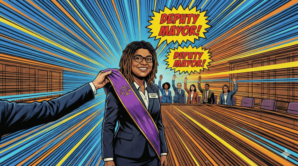 Section Image for Councilor Perry Elected as Deputy Mayor - Image is of A heroic, low-angle comic book shot of a woman (Councilor Perry) standing confidently with a smile. She is being handed a symbolic gavel or sash. Behind her, a group of diverse council members are raising their hands in a unanimous "Yes" vote. Action lines radiate from behind her to show excitement. Text in a jagged speech bubble reads "Deputy Mayor!" in bold, exciting font. - Awesome Carlisle! - Carlisle News - Carlisle, PA News