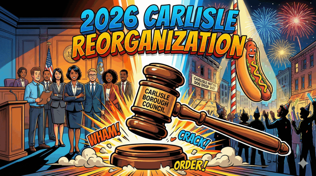 Main article image for 2026 Biennial Reorganization Meeting Summary: New Deputy Mayor, Juneteenth Plans, and the Hot Dog Drop - image is of A dynamic comic book style illustration for a YouTube thumbnail. In the immediate foreground, a large, stylized wooden gavel acts as the focal point, striking a sound block with dramatic "impact" lines and dust clouds to symbolize the start of the new session. Behind the gavel, a split background: on one side, a diverse group of borough council members standing confidently in a government chamber; on the other side, a festive night scene of downtown Carlisle featuring fireworks and a "Hot Dog Drop" celebration to symbolize the New Year. The lighting is bold and dramatic with vibrant oranges, blues, and deep shadows. Thick black ink outlines and cel-shaded coloring. Large, bold, 3D comic-book font superimposed clearly over the top center reads: "2026 CARLISLE REORGANIZATION". - Awesome Carlisle! - Carlisle News - Carlisle, PA News