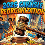 Main article image for 2026 Biennial Reorganization Meeting Summary: New Deputy Mayor, Juneteenth Plans, and the Hot Dog Drop - image is of A dynamic comic book style illustration for a YouTube thumbnail. In the immediate foreground, a large, stylized wooden gavel acts as the focal point, striking a sound block with dramatic "impact" lines and dust clouds to symbolize the start of the new session. Behind the gavel, a split background: on one side, a diverse group of borough council members standing confidently in a government chamber; on the other side, a festive night scene of downtown Carlisle featuring fireworks and a "Hot Dog Drop" celebration to symbolize the New Year. The lighting is bold and dramatic with vibrant oranges, blues, and deep shadows. Thick black ink outlines and cel-shaded coloring. Large, bold, 3D comic-book font superimposed clearly over the top center reads: "2026 CARLISLE REORGANIZATION". - Awesome Carlisle! - Carlisle News - Carlisle, PA News