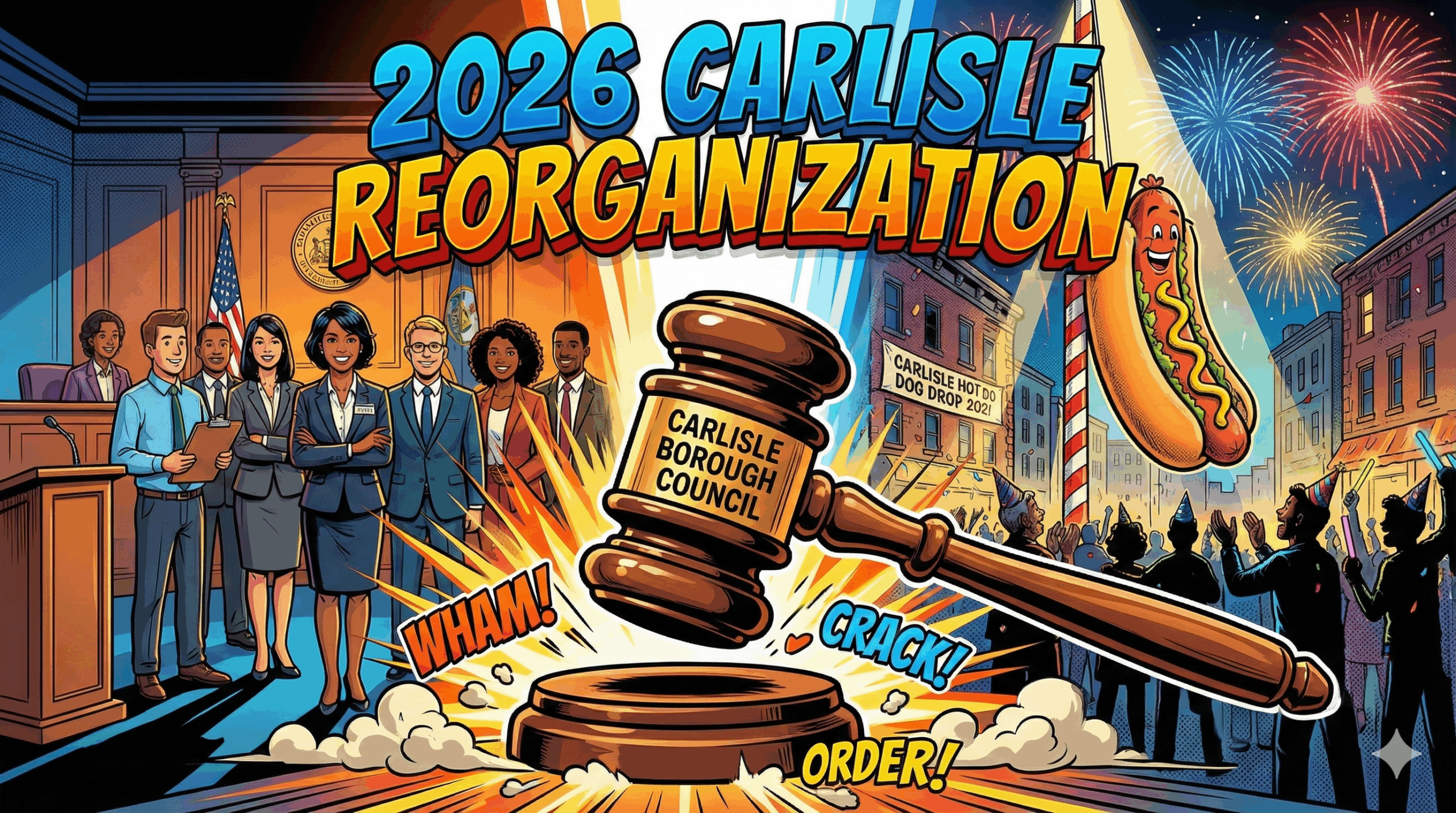 Main article image for 2026 Biennial Reorganization Meeting Summary: New Deputy Mayor, Juneteenth Plans, and the Hot Dog Drop - image is of A dynamic comic book style illustration for a YouTube thumbnail. In the immediate foreground, a large, stylized wooden gavel acts as the focal point, striking a sound block with dramatic "impact" lines and dust clouds to symbolize the start of the new session. Behind the gavel, a split background: on one side, a diverse group of borough council members standing confidently in a government chamber; on the other side, a festive night scene of downtown Carlisle featuring fireworks and a "Hot Dog Drop" celebration to symbolize the New Year. The lighting is bold and dramatic with vibrant oranges, blues, and deep shadows. Thick black ink outlines and cel-shaded coloring. Large, bold, 3D comic-book font superimposed clearly over the top center reads: "2026 CARLISLE REORGANIZATION". - Awesome Carlisle! - Carlisle News - Carlisle, PA News