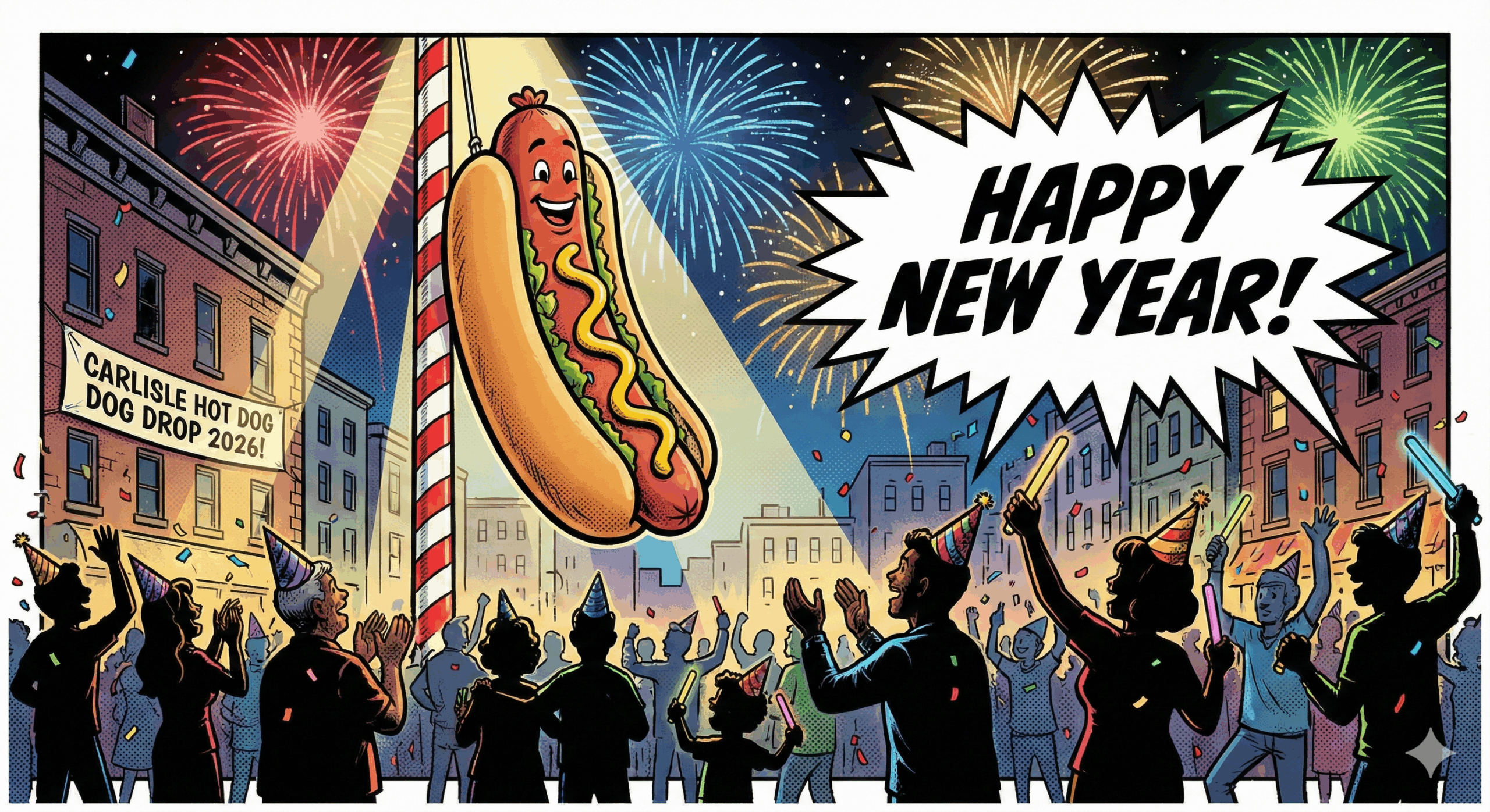 Section image for Council Comments and Community Spirit - image is of A festive, vibrant night scene in a comic book style. A giant, cartoony hot dog is being lowered from a pole like a New Year's Eve ball drop. Fireworks are exploding in the night sky behind it. In the foreground, silhouettes of joyful community members are cheering and clapping. A speech bubble from the crowd says "Happy New Year!" - Awesome Carlisle! - Carlisle News - Carlisle, PA News