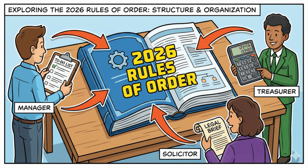 Section image for Council Comments and Community Spirit - image is of An explainer-style infographic in comic art. A large, open rulebook sits on a table labeled "2026 Rules of Order." Surrounding the table are three stylized character archetypes: A "Manager" holding a clipboard, a "Treasurer" holding a calculator, and a "Solicitor" holding a legal brief. Bold arrows connect the figures to the book, symbolizing organization and structure. - Awesome Carlisle! - Carlisle News - Carlisle, PA News