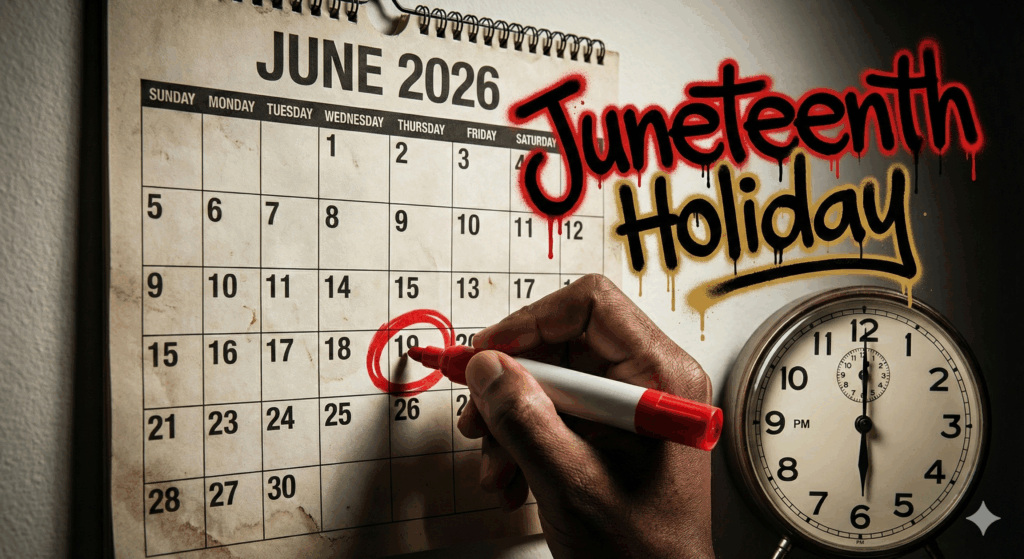 Section Image for The 2026 Calendar and Juneteenth Holiday - image is of A close-up, dramatic shot of a wall calendar page. The month reads "JUNE 2026." A hand holding a thick red marker is circling the date "19th." Beside the calendar, a clock face shows "6:00 PM." The words "Juneteenth Holiday" are written in bold, stylized graffiti-style lettering floating next to the calendar. High contrast lighting. - Awesome Carlisle! - Carlisle News - Carlisle, PA News
