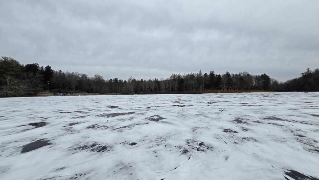 Image of the entire lake - for the Ultimate Guide to Frozen Laurel Lake in the Winter - Pine Grove Frunace State Park in Michaux State Forest - Awesome Carlisle! - Carlisle PA Guides and News