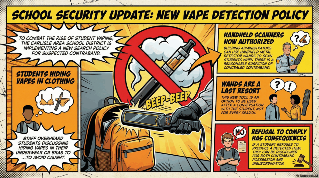section image for School Security Changes: Focusing on Vaping - image is of A close-up, dramatic action shot in a comic book style. A security guard's hand holds a handheld metal detector wand, scanning the air near a student's backpack. In the background, a stylized, prohibited "No Vaping" symbol (a vape pen inside a red circle with a slash) looms large. The color palette uses cautionary yellows, blacks, and school-bus orange. - Awesome Carlisle! - Carlisle News - Carlisle, PA News