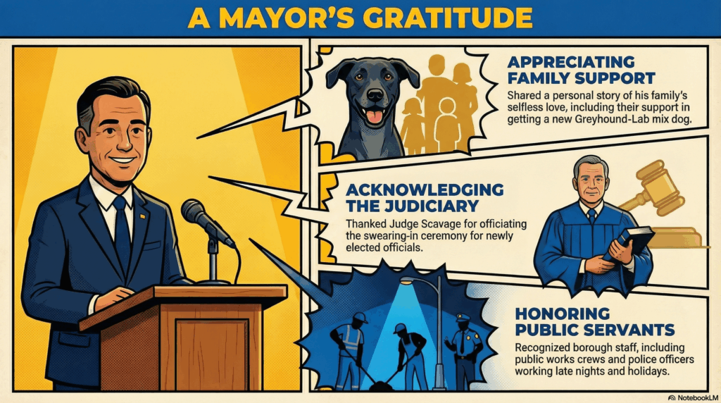 Section Image for Mayor Schultz Thanks Family and Staff - Image is of A split-screen graphic novel panel. On the left, a friendly Mayor in a suit stands at a podium with a microphone. On the right, three thought bubbles emerging from him. Bubble 1 shows a black Greyhound-Lab mix dog. Bubble 2 shows a judge in robes holding a bible. Bubble 3 shows silhouettes of public works crews and police officers working under a streetlamp at night. Warm, appreciative lighting with bold yellow and blue colors. - Awesome Carlisle! - Carlisle News - Carlisle, PA News