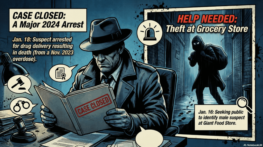 section image for Police Make Major Arrest and investigate Theft - image is of a 16:9 image in a bold, colorful comic book graphic novel style. A dramatic scene featuring a police detective in the foreground looking at a file folder stamped "CASE CLOSED". In the background, a shadowy figure is seen sneaking away from a grocery store aisle. The lighting should be moody, using deep blues and stark shadows, but with the bold, punchy colors of a modern graphic novel. - Awesome Carlisle! - Carlisle News - Carlisle, PA News