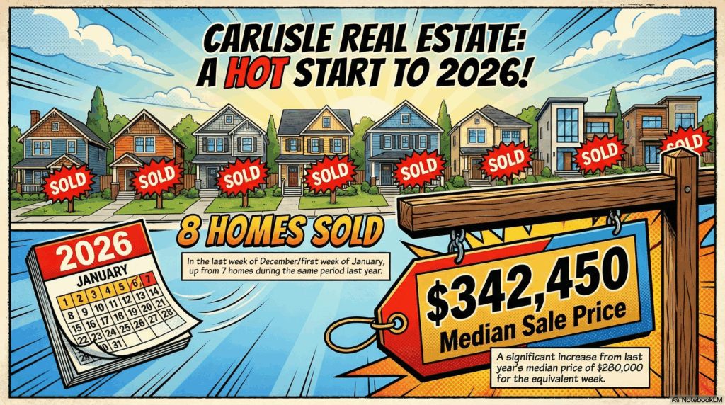 Section image for Real Estate Market Update - Week of December 29, 2025 through January 4, 2026 of A dynamic graphic novel style illustration of a Carlisle neighborhood bustling with activity. The scene features a row of eight attractive homes, each with a bright red "SOLD" sign in the front yard to symbolize the jump in sales volume. In the foreground, a large, bold price tag graphic hangs from a sign post reading "$342,450." A calendar page floating in the wind displays "2026." The colors are vibrant and optimistic. Bold ink outlines and Ben Day dots. - Awesome Carlisle! - Carlisle News - Carlisle, PA News