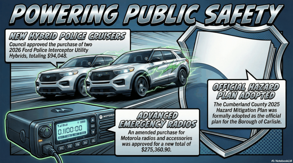 blog section image for New Hybrid Cars and Radios for Police - image is of A dynamic action shot of two sleek, white 2026 Ford Police Interceptor Utility Hybrids parked side-by-side. They have green electric lightning bolts subtly integrated into the design to symbolize hybrid power. In the foreground, a high-tech Motorola emergency radio with a digital display glowing. A "Hazard Mitigation Plan" document serves as a stylized background shield. bold metallic colors, lens flare, heroic comic book style. - Awesome Carlisle! - Carlisle News - Carlisle, PA News