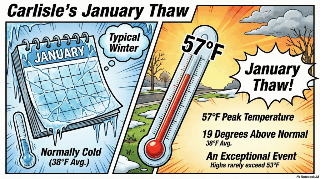 section image for Winter Warm-Up: A Taste of Spring in January - image is of A split-panel comic book illustration. On the left, a calendar page marked "January" covered in ice. On the right, a dynamic outdoor thermometer bursting with red mercury rising to 57 degrees. The background features a sunny Carlisle street with green grass peeking through, contrasting with a gray winter sky. Bold, warm colors like orange and yellow clashing with cool blues. Text bubble says: "January Thaw!" - Awesome Carlisle! - Carlisle News - Carlisle, PA News