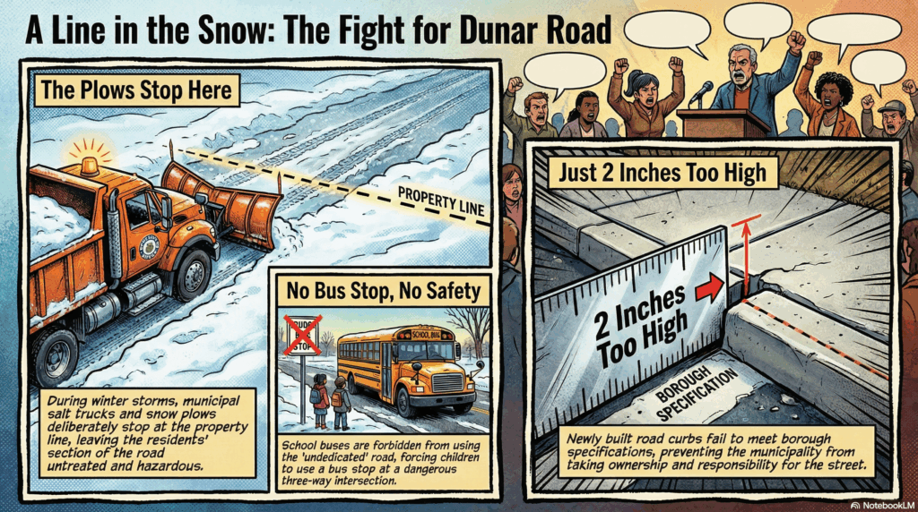 blog section image for Dunbar Road Residents Appeal for Action - image is of A split-panel comic book style graphic. On the left side, a snowy road where a snow plow has stopped abruptly at an invisible line, leaving the rest of the road covered in deep snow. On the right side, a close-up of a concrete road curb with a ruler showing it is "2 Inches Too High". In the background, frustrated residents standing at a podium. Textures should be gritty but colorful. Bold, emotional, graphic novel style. - Awesome Carlisle! - Carlisle News - Carlisle, PA News