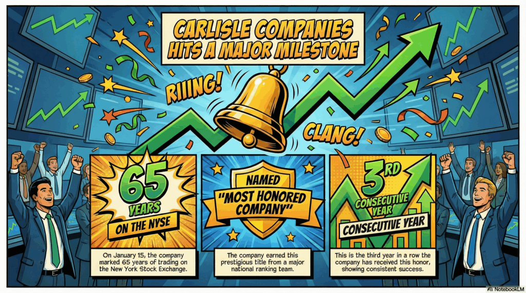 Blog article section image for Carlisle Companies Celebrates 65 Years on NYSE - Image is of a 16:9 image in a bold, colorful comic book graphic novel style. A celebratory image featuring a golden stock market bell ringing. Behind it, a green line graph trends sharply upward. The background suggests a busy stock exchange floor. Include stylized confetti elements. The vibe is successful and professional but rendered in a punchy comic art style. - Awesome Carlisle! - Carlisle News - Carlisle, PA News