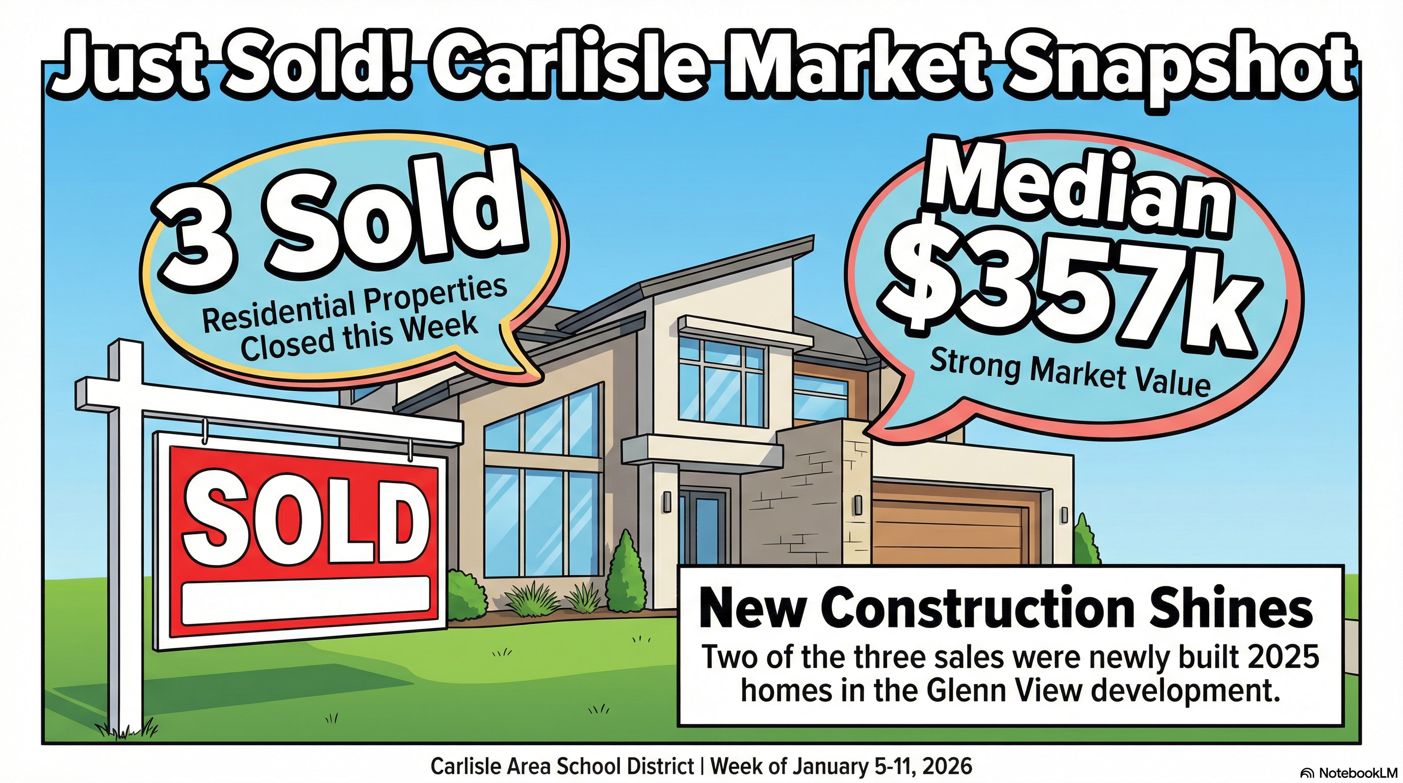 section image for Real Estate Update: What Sold Last Week? - image is of A bright, clean, architectural comic illustration of a brand-new construction home (representing Glenn View). A large, bold "SOLD" sign is planted in the front lawn. Floating in the air are dynamic statistic bubbles: "3 Sold" and "Median $357k." The sky is bright blue, emphasizing the "new" aspect of the market activity. - Awesome Carlisle! - Carlisle News - Carlisle, PA News