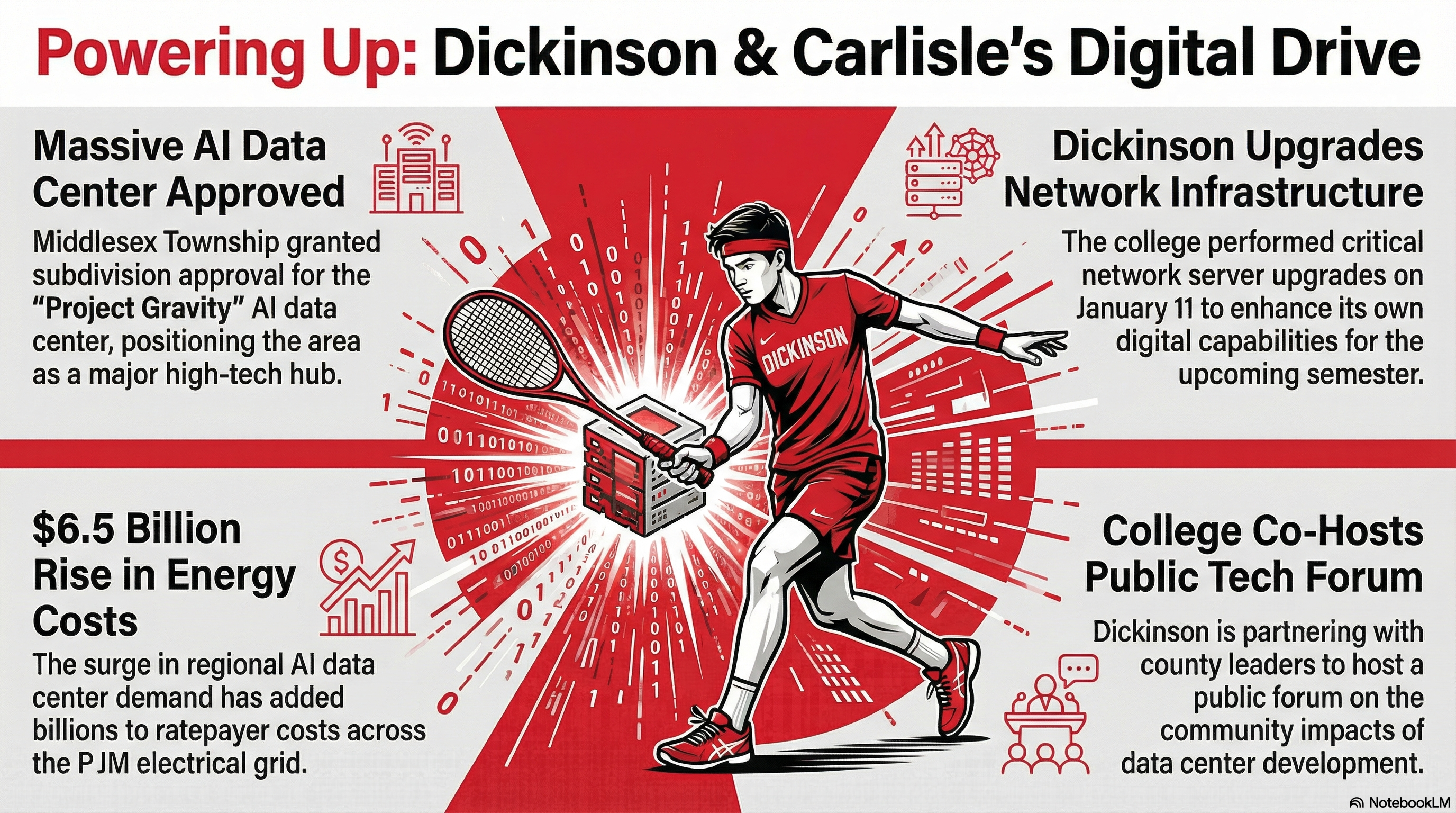 section image for Dickinson Sports & Tech: Red Devils and Upgrades - image is of A dynamic action mash-up. A squash player in a red uniform (Dickinson Red Devils) swings a racquet powerfully. Instead of hitting a ball, the racquet connects with a glowing computer server node, causing digital binary code (0s and 1s) to explode outward, symbolizing the tech upgrades. The background is red and white. - Awesome Carlisle! - Carlisle News - Carlisle, PA News