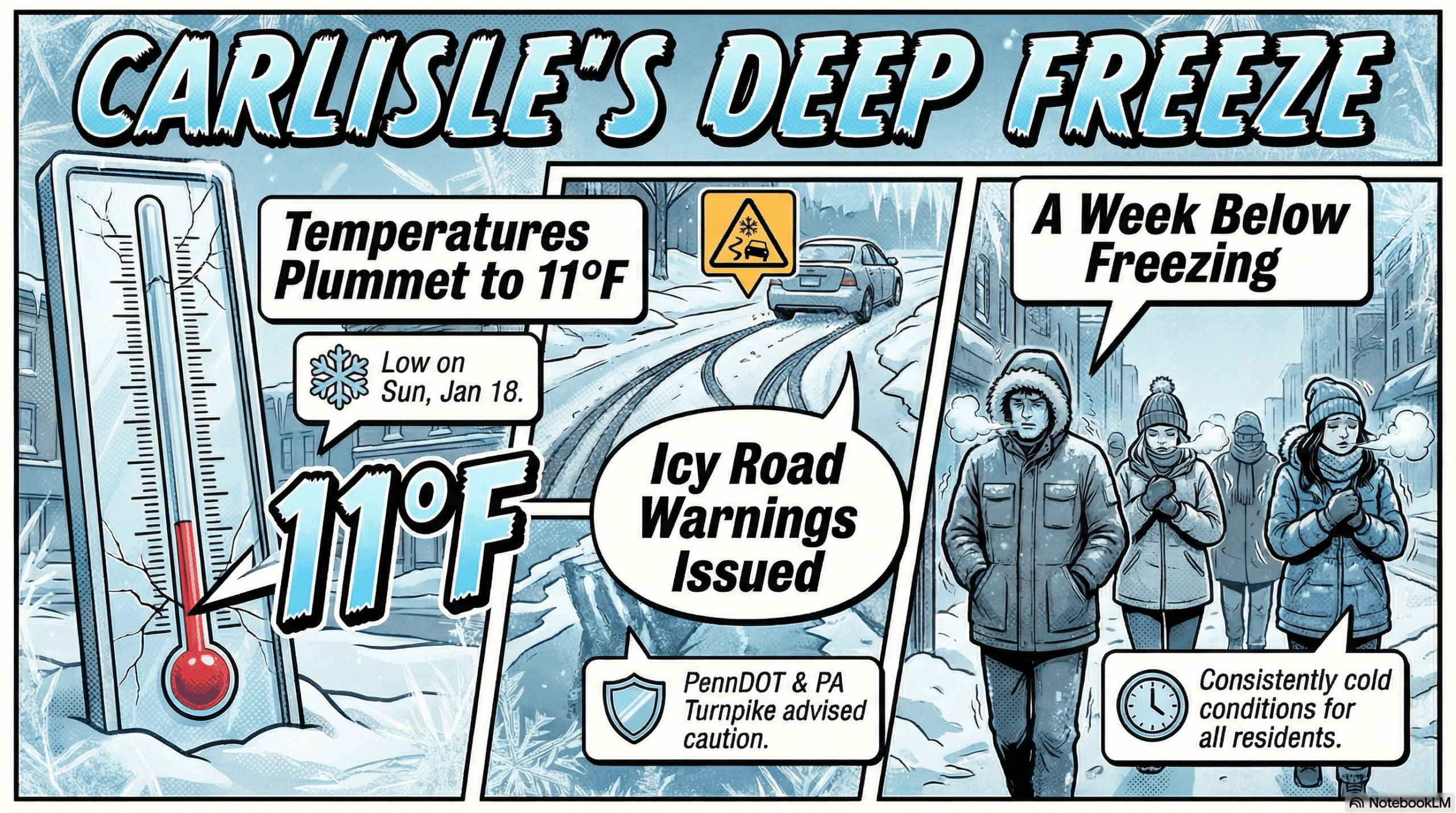 Blog section image for Deep Freeze Hits the Borough - Image is of a 16:9 image in a bold, colorful comic book graphic novel style. A street scene in a Pennsylvania town covered in frost and ice. A large, exaggerated outdoor thermometer in the foreground shows the red liquid very low. Pedestrians are walking bundled up in heavy parkas with visible breath clouds. Cool color palette: Ice blues, whites, and greys. - Awesome Carlisle! - Carlisle News - Carlisle, PA News
