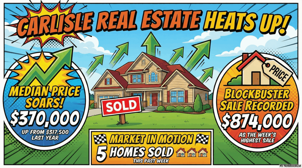 Blog section image for Carlisle Real Estate Market Sales January 12-18, 2026 - Image is of 16:9 image in a bold, colorful comic book graphic novel style. A beautiful suburban house with a "SOLD" sign in the front yard. Floating green arrows point upward around the house, symbolizing rising prices. The sky is blue and the grass is green. Clean, crisp lines and bright colors. - Awesome Carlisle! - Carlisle News - Carlisle, PA News