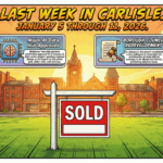 Blog article image for Last Week in Carlisle | January 5 through 11, 2026 | Warm Weather, Big Tech, and Community Updates - image is of A wide 16:9 explainer graphic in a modern, colorful comic book style. The background features the historic brick skyline of downtown Carlisle, PA, bathed in warm, spring-like sunlight. In the foreground, a large "SOLD" real estate sign stands on a lawn. Hovering in the sky are holographic icons representing "AI Data" and "Zoning Laws" to symbolize the new developments. The image is framed by a bold border. Superimposed clearly over the top third of the image is the text: "Last Week in Carlisle. January 5 through 11, 2026." The style is clean, bright, and eye-catching. - Awesome Carlisle! - Carlisle News - Carlisle, PA News