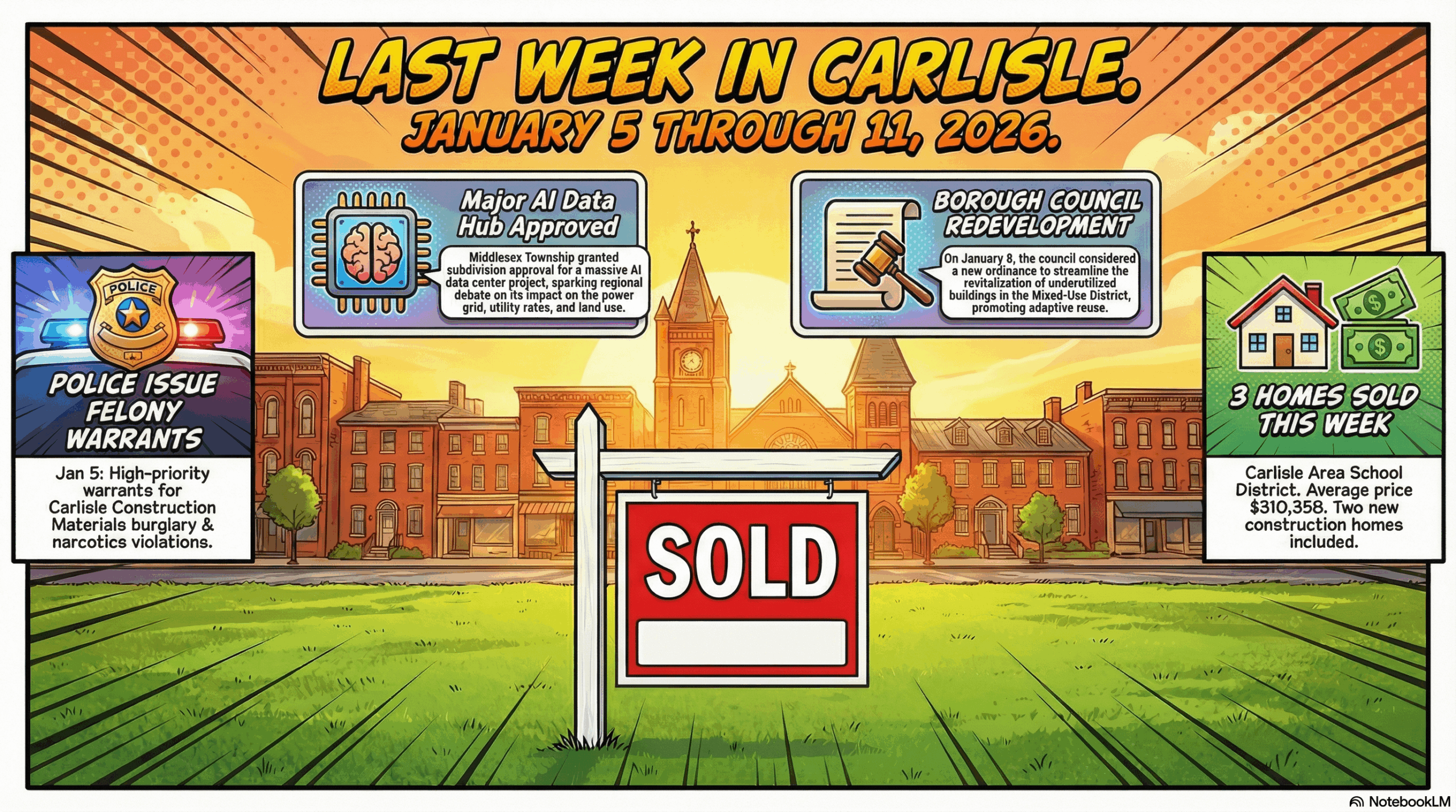 Blog article image for Last Week in Carlisle | January 5 through 11, 2026 | Warm Weather, Big Tech, and Community Updates - image is of A wide 16:9 explainer graphic in a modern, colorful comic book style. The background features the historic brick skyline of downtown Carlisle, PA, bathed in warm, spring-like sunlight. In the foreground, a large "SOLD" real estate sign stands on a lawn. Hovering in the sky are holographic icons representing "AI Data" and "Zoning Laws" to symbolize the new developments. The image is framed by a bold border. Superimposed clearly over the top third of the image is the text: "Last Week in Carlisle. January 5 through 11, 2026." The style is clean, bright, and eye-catching. - Awesome Carlisle! - Carlisle News - Carlisle, PA News