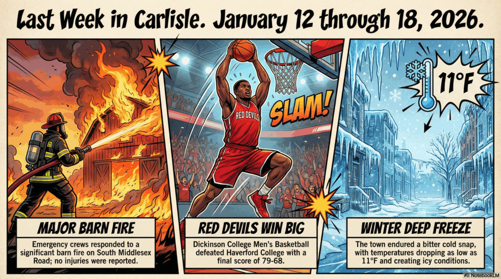 Blog article image for Last Week in Carlisle - January 12 through 18, 2026 - Major Arrests, Job Market Shifts, and Campus Changes - Image is of a 16:9 image in a bold, colorful comic book graphic novel style. The image should be a dynamic collage representing a week of news: on the left, a firefighter battling a blaze; in the center, a basketball player in a red jersey making a slam dunk; on the right, a winter street scene with ice. Superimposed over the top of the imagery in large, bold, exciting comic-book font is the text: “Last Week in Carlisle. January 12 through 18, 2026.” The art should use thick outlines, vibrant colors, and dramatic shading. - Awesome Carlisle! - Carlisle News - Carlisle, PA News