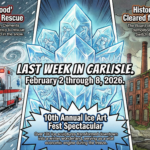 Blog thumbnail for Last Week in Carlisle - February 2-8, 2026 - Ice Festivals, Heroic Rescues, and Big Changes in Our Town - image is of A dynamic comic book style collage combining the three biggest stories of the week: A glowing ice sculpture in the center, an ambulance driving through a blizzard on the left, and an old brick factory on the right. The image is colorful, bold, and highly detailed with heavy black ink outlines. Superimposed over the center of the image in large, bold, comic-book style lettering: "LAST WEEK IN CARLISLE. February 2 through 8, 2026." - Awesome Carlisle! - Carlisle News - Carlisle, PA News