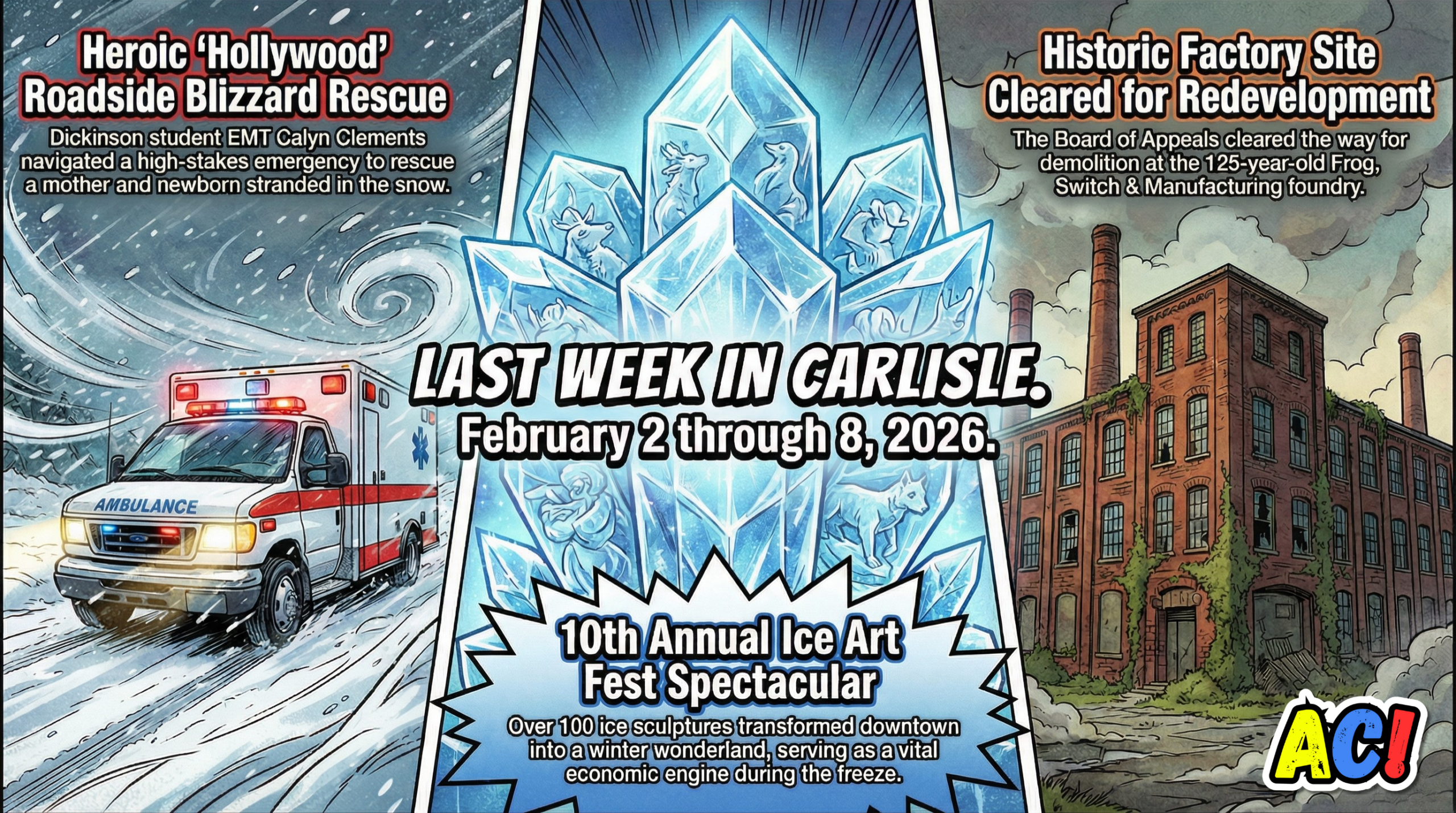Blog thumbnail for Last Week in Carlisle - February 2-8, 2026 - Ice Festivals, Heroic Rescues, and Big Changes in Our Town - image is of A dynamic comic book style collage combining the three biggest stories of the week: A glowing ice sculpture in the center, an ambulance driving through a blizzard on the left, and an old brick factory on the right. The image is colorful, bold, and highly detailed with heavy black ink outlines. Superimposed over the center of the image in large, bold, comic-book style lettering: "LAST WEEK IN CARLISLE. February 2 through 8, 2026." - Awesome Carlisle! - Carlisle News - Carlisle, PA News