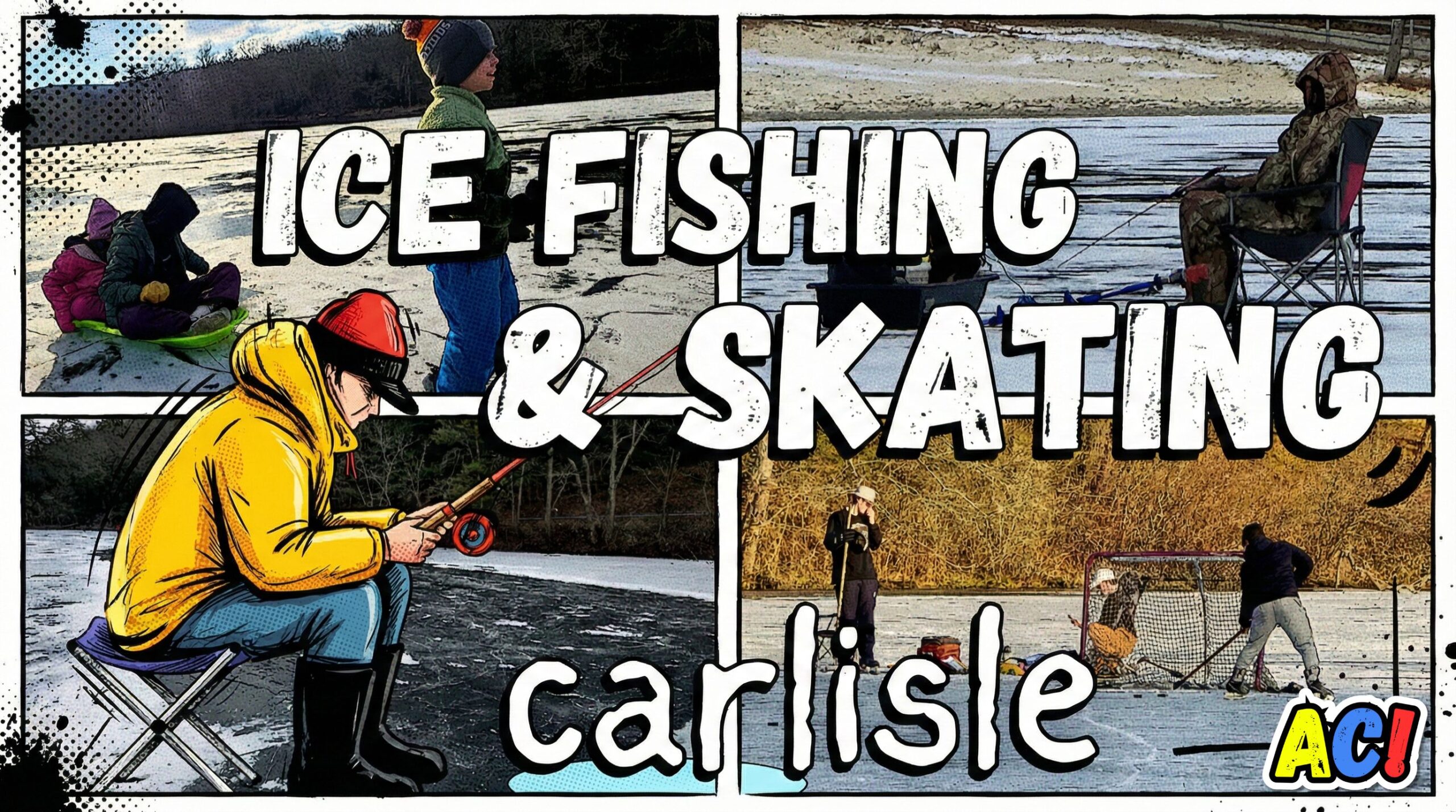 Article thumbnail header image for the Ultimate Guide to Frozen Laurel Lake in the Winter - Pine Grove Frunace State Park in Michaux State Forest - Awesome Carlisle! - Carlisle PA Guides and News - The image depicts four pictures of activity on laurel lake in the background with text overtop that reads "Ice Fishing and Ice Skating. Carlisle". - Awesome Carlisle! - Carlisle News - Carlisle, PA News