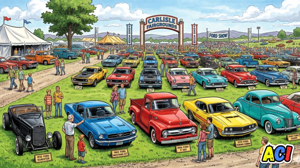 section image for "55,000 Ford Fans Took Over Carlisle" of a comic book style illustration of ford vehicles parked in a large open lawn area like at the carlisle, pa fairgrounds