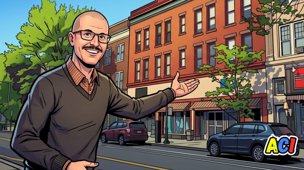 comic book graphic novel style illustration of derek bicksler best carlisle listing real estate agent with a carlisle, pa streetscape in the background