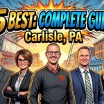 Article thumbnail in comic book style depicting carlisle, pa streetscapes in background and five real estate agents in the foreground for the article titled "BEST 5 Real Estate Agents in CARLISLE Pennsylvania | ULTIMATE GUIDE to Choosing the BEST AGENT for You in Carlisle, PA" - reral estate agents featured in the image from left to right are eric shryock, kristi knox, derek bicksler, dave hooke, and heather neidlinger - awesome carlisle - best of carlisle, pa