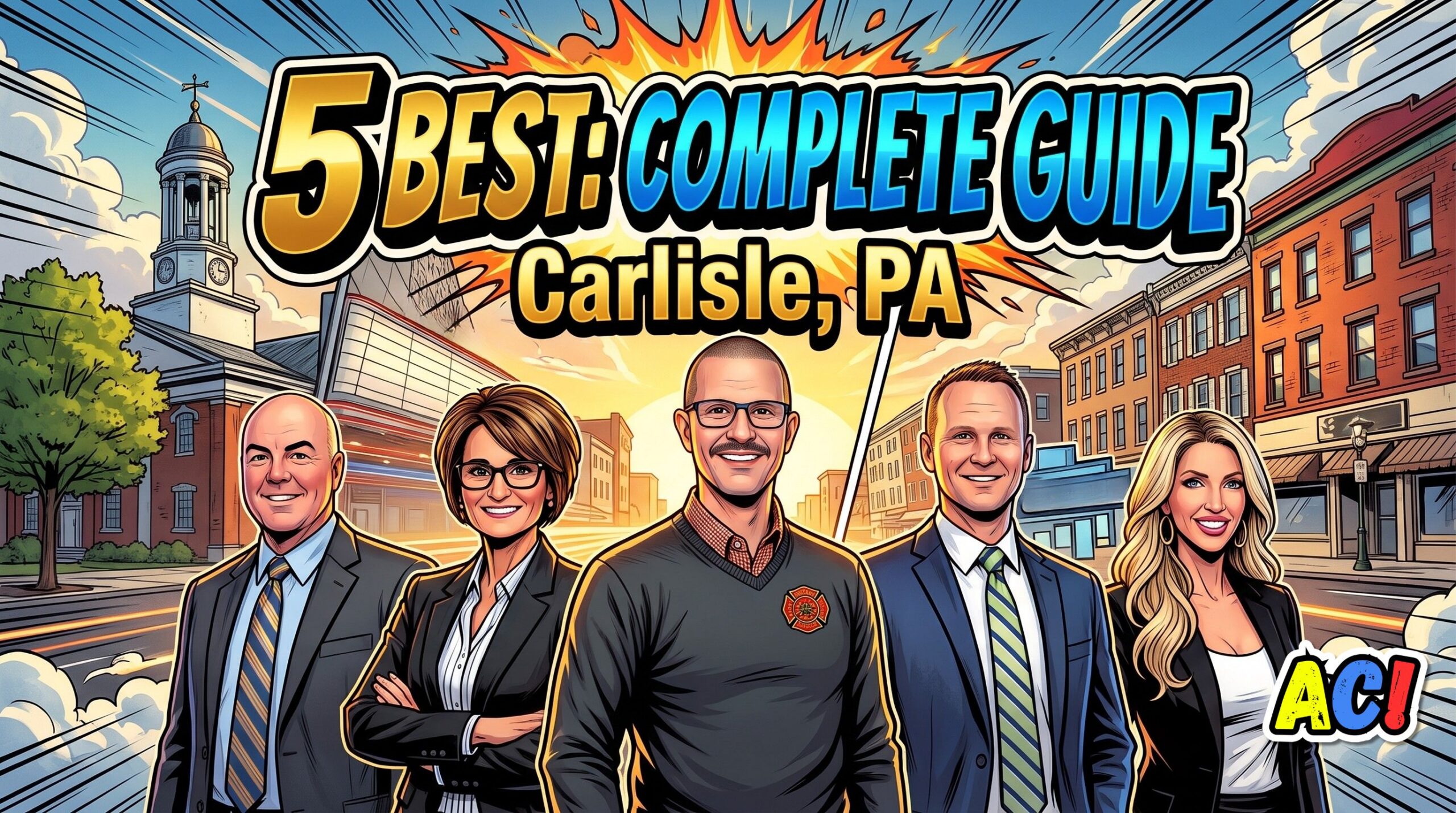 Article thumbnail in comic book style depicting carlisle, pa streetscapes in background and five real estate agents in the foreground for the article titled "BEST 5 Real Estate Agents in CARLISLE Pennsylvania | ULTIMATE GUIDE to Choosing the BEST AGENT for You in Carlisle, PA" - reral estate agents featured in the image from left to right are eric shryock, kristi knox, derek bicksler, dave hooke, and heather neidlinger - awesome carlisle - best of carlisle, pa