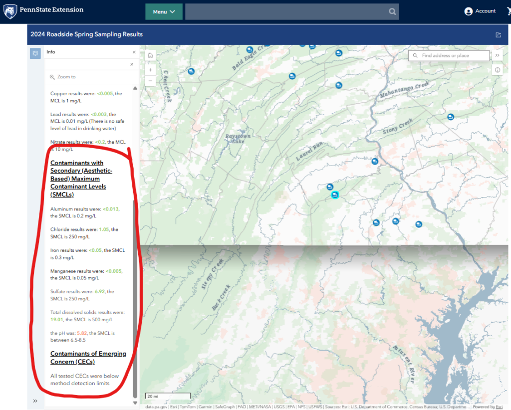 Screenshot on july 17, 2026 of the penn state extension web mapping website for natural spring water testing of pennsylvania roadside springs showing the testing results data set 2 from 2024 for this spring - Best Natural Spring Water Near Carlisle, PA | Complete Guide to the Public Spring Near Pole Steeple in Pine Grove Furnace State Park