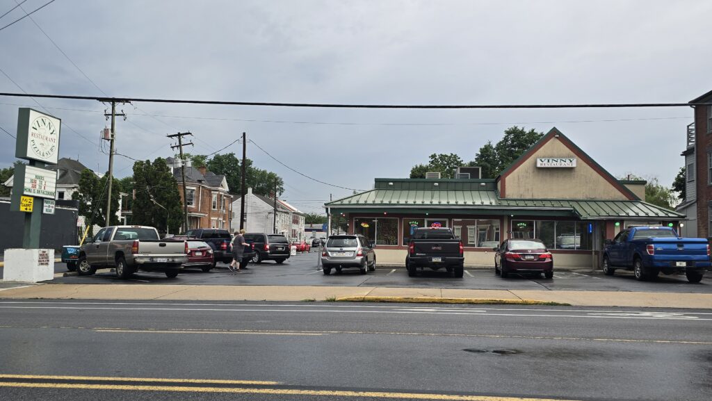View of front of Vinny Restaurant Pizza and Subs in Carlisle, PA including the sign taken from across the street - Carlisle, PA Pizza Reviews - Awesome Carlisle!