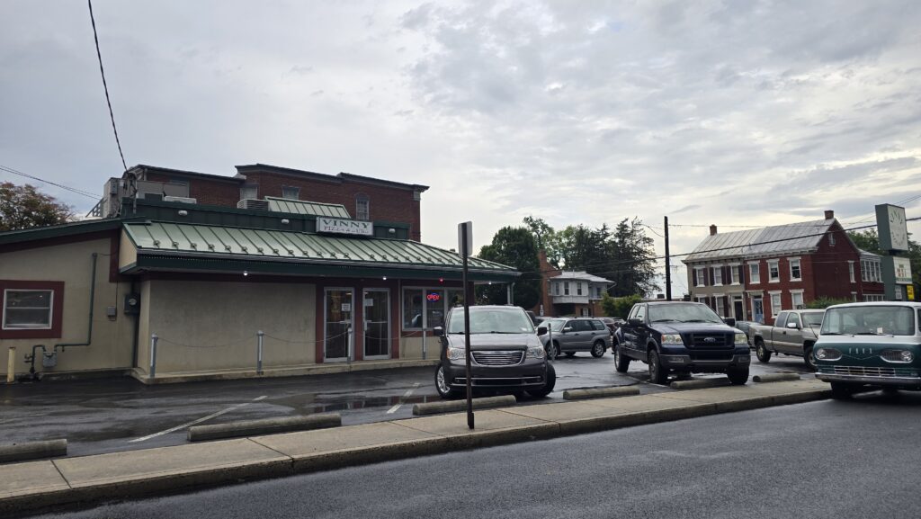 View of parking lot and left side of building of Vinny Restaurant Pizza and Subs in Carlisle, PA taken from across the side street - Carlisle, PA Pizza Reviews - Awesome Carlisle!