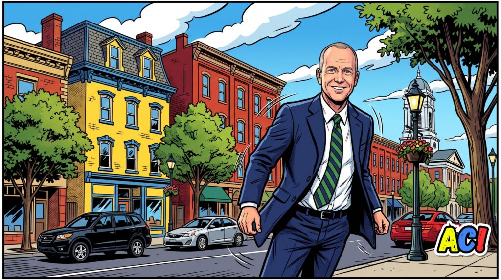 comic book graphic novel style illustration of dave hooke carlisle real estate agent with a carlisle, pa streetscape in the background