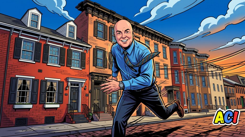comic book graphic novel style illustration of eric shryock carlisle real estate agent with a carlisle, pa streetscape in the background